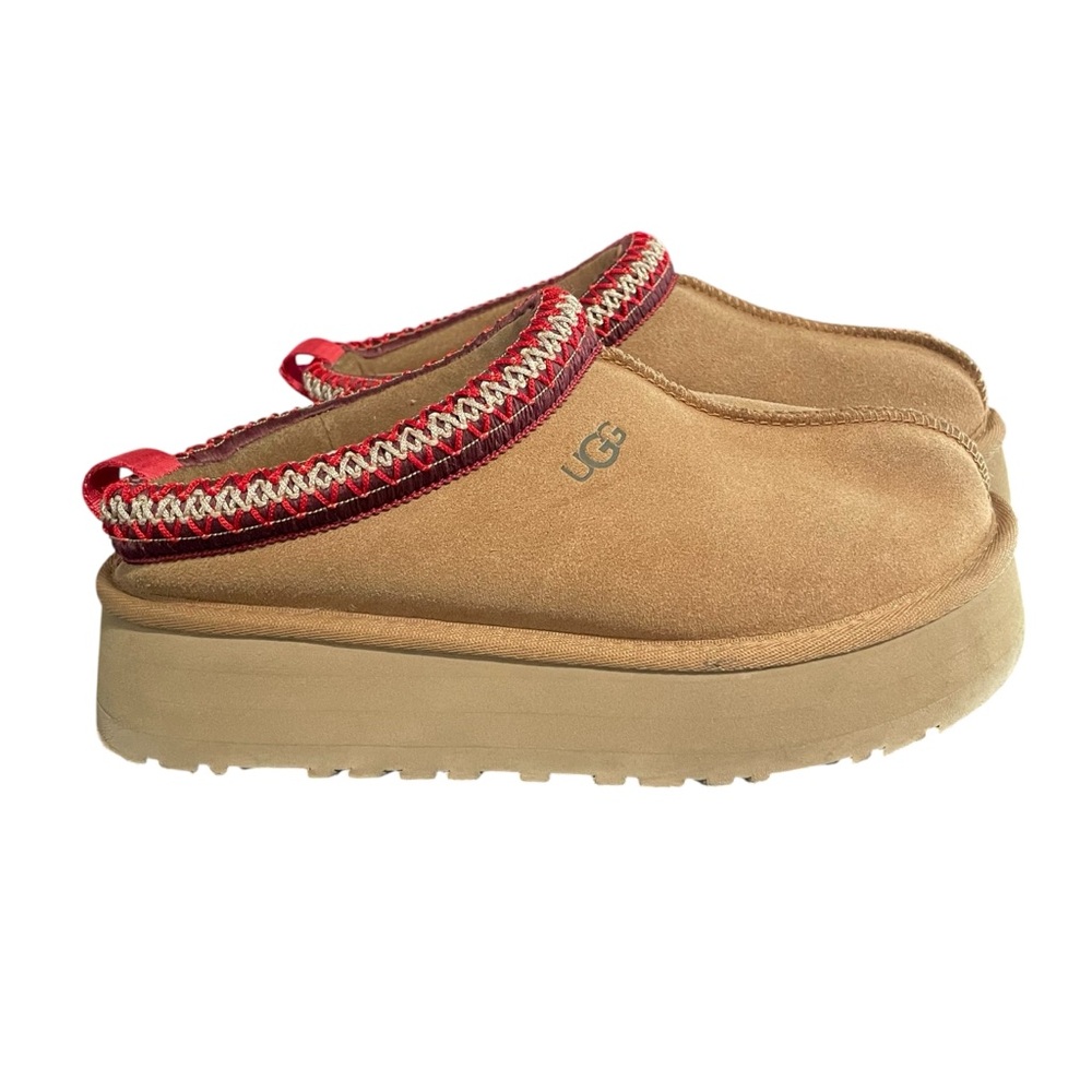 UGG Tan Mules with Red Trim